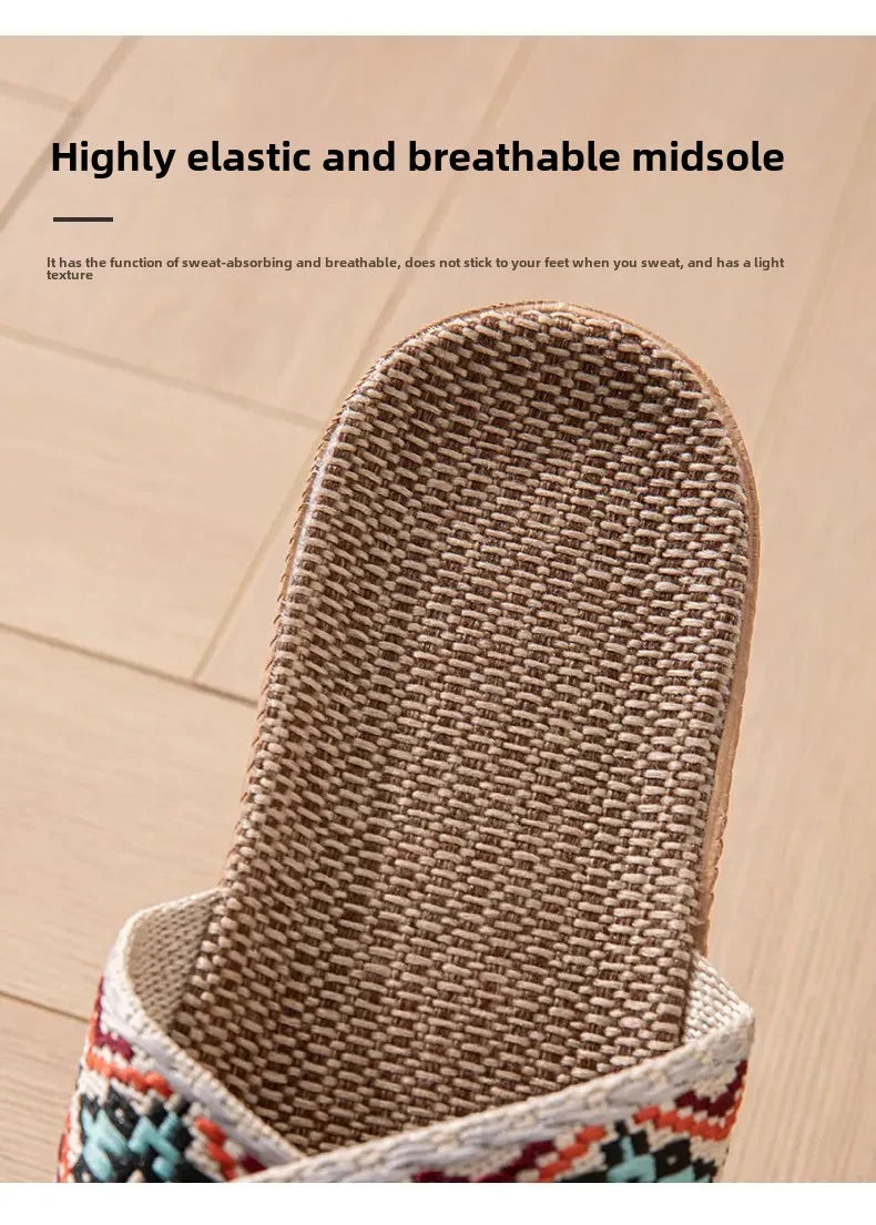 Open-Toe Crossed Linen Slippers – Unisex Summer Indoor Sandals | شباشب صيفية مفتوحة من الكتان للرجال والنساء – تصميم متقاطع مريح للمنزل
