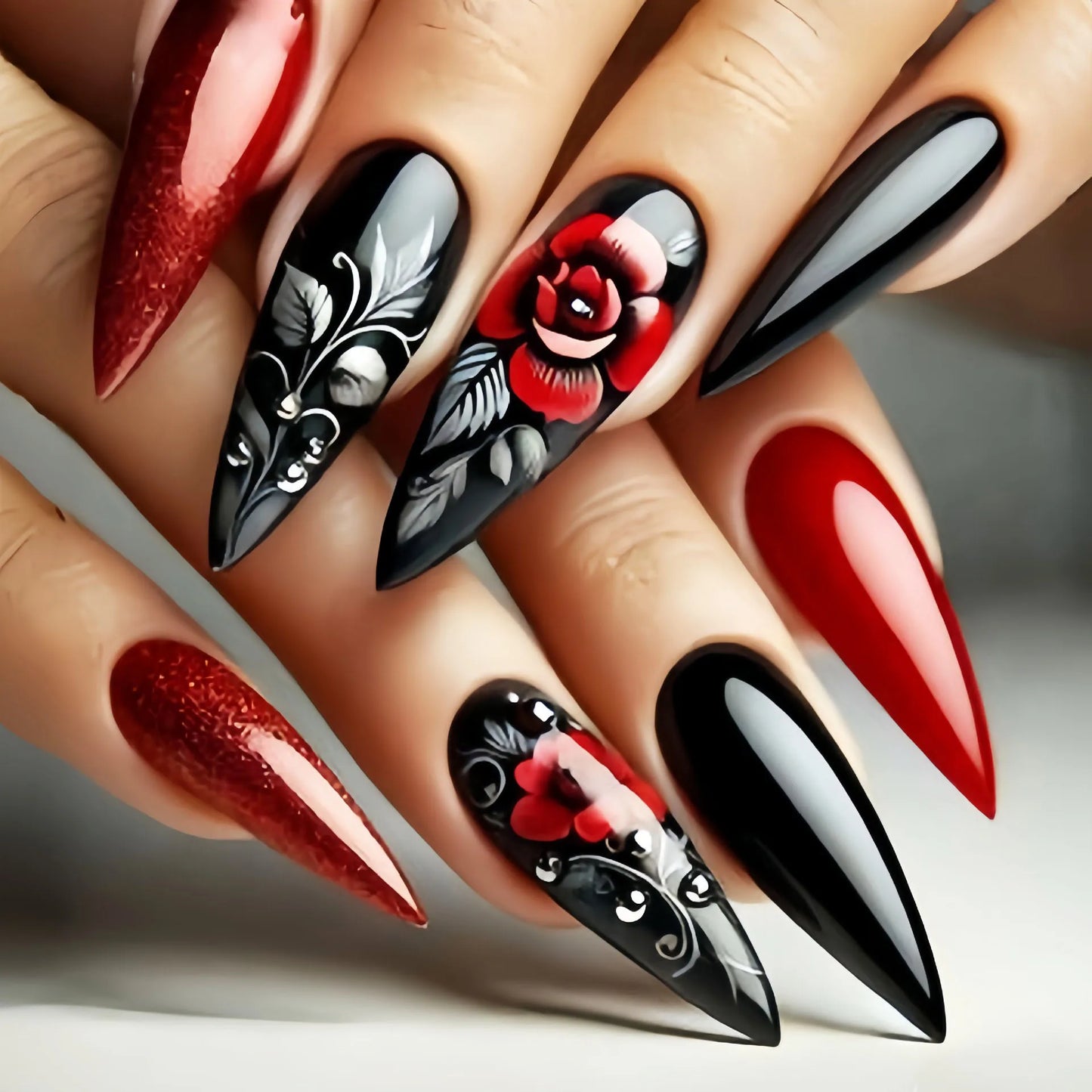 Medium long fake nails for women girl black red rose flowers for Valentine's Day waterdrop almond shape full cover press on nail