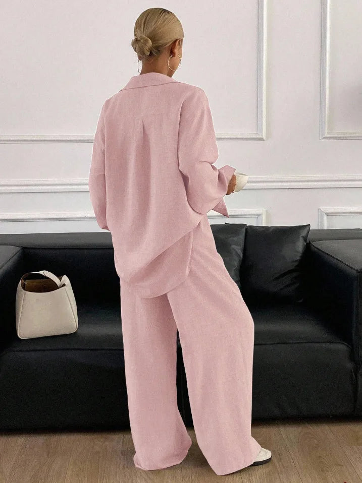 2026 New Women Linen Two Piece Outfit Set Lapel Long Sleeve Button Shirts Elastic Waist Wide Leg Pants Casual Loose Home Suit