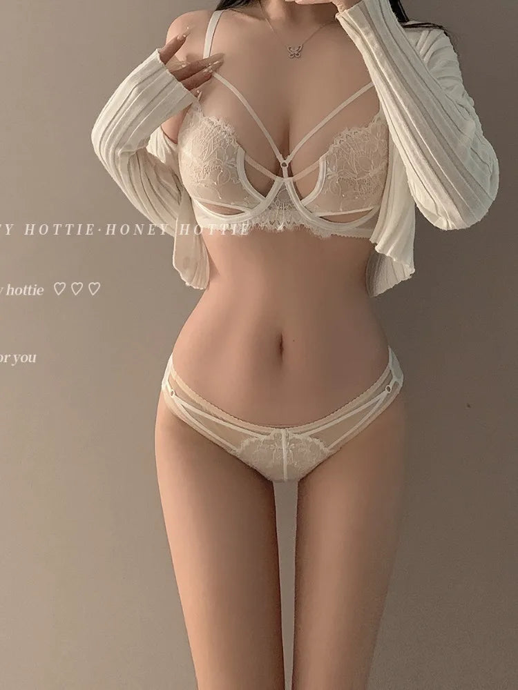 32-38 AB Sensual French Sheer Push Up Bra Large Bust See Through Lace Lingerie Set, Slimming Support Bra Comfort Wireless MOYISU