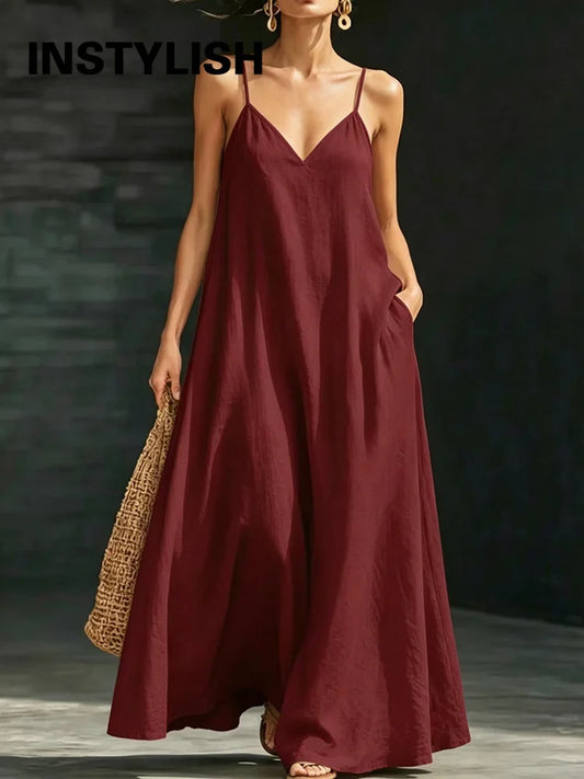 Women Linen Spaghetti Strap Maxi Dress V Neck Loose Swing Long Dress With Pockets Casual Summer Beach Vacation Sundress Ladies