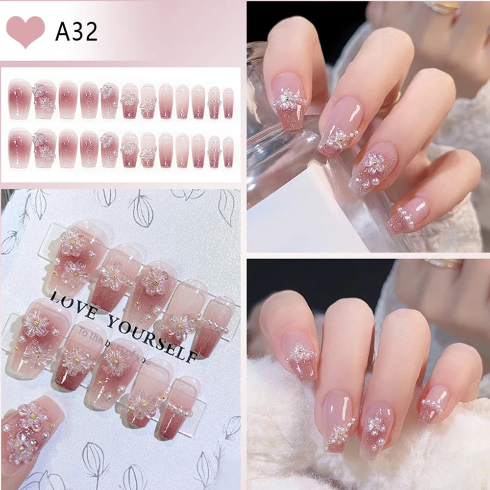 24pcs Medium Long Acrylic Fake Nails 3D Flower Pearl Design Press on Nails Ballerina Full Cover False Nails Tips for Women