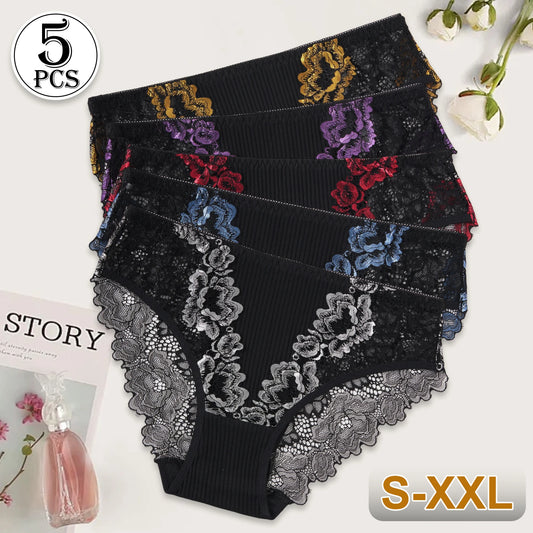 5PCS New Contrast Lace Panties Women Striped Cotton Breathable Underwear Elegant Lace Floral Sexy Briefs Mid-Rise Lingerie