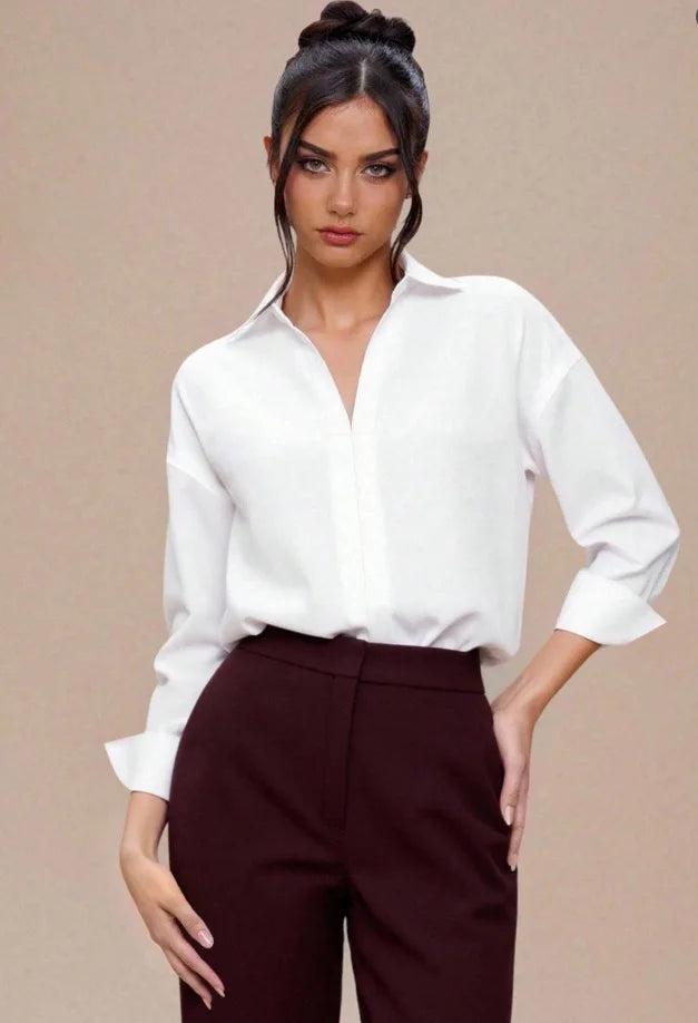 Women Shirt Bodysuit Oversized Boyfriend Half Sleeve Blouse Deep V Collar Bodysuit Shirts Elegant Office Lady Jumpsuit Top