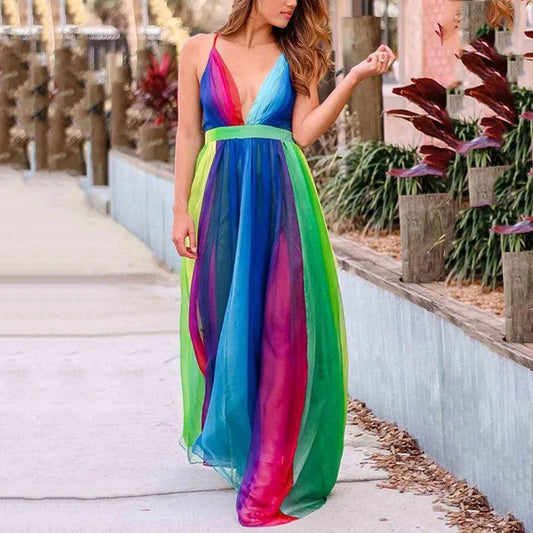 BKLD 2026 Spring Summer New Women's Clothing Suspender Sexy Deep V Rainbow Mesh Dress Sleeveless Spaghetti Strap Dress Party