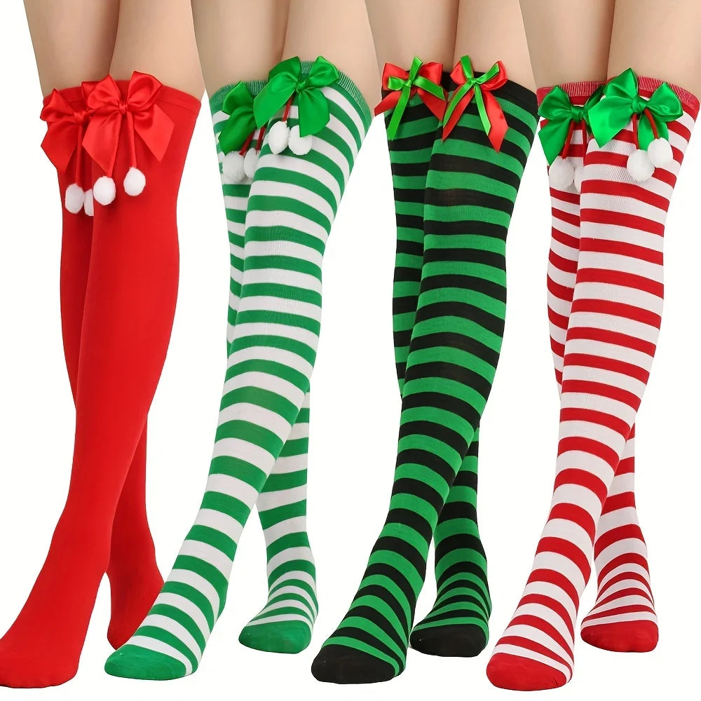 4-Pack Sweet Striped Stockings For Women Christmas Green Red Bows Cute Socks Over The Knee Long Socks Girls Stocking Students