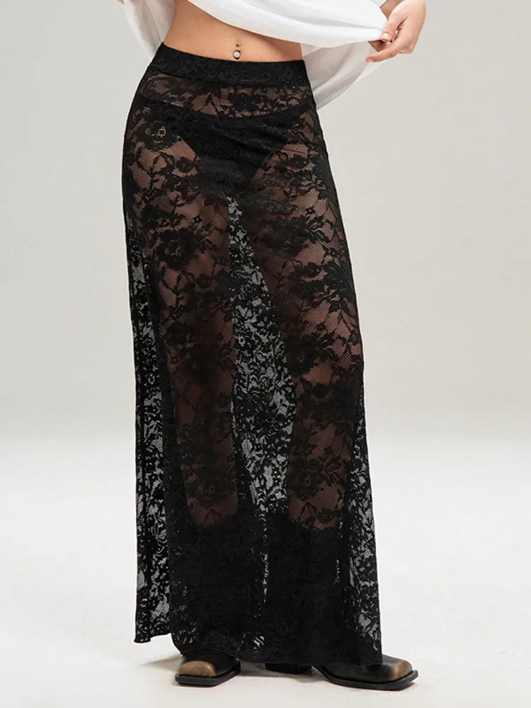 BKLD Black Skirts 2026 Summer New Women Clothing Solid Color Slim Bag Hip Streetwear Fashion See-Through High Waist Lace Skirt