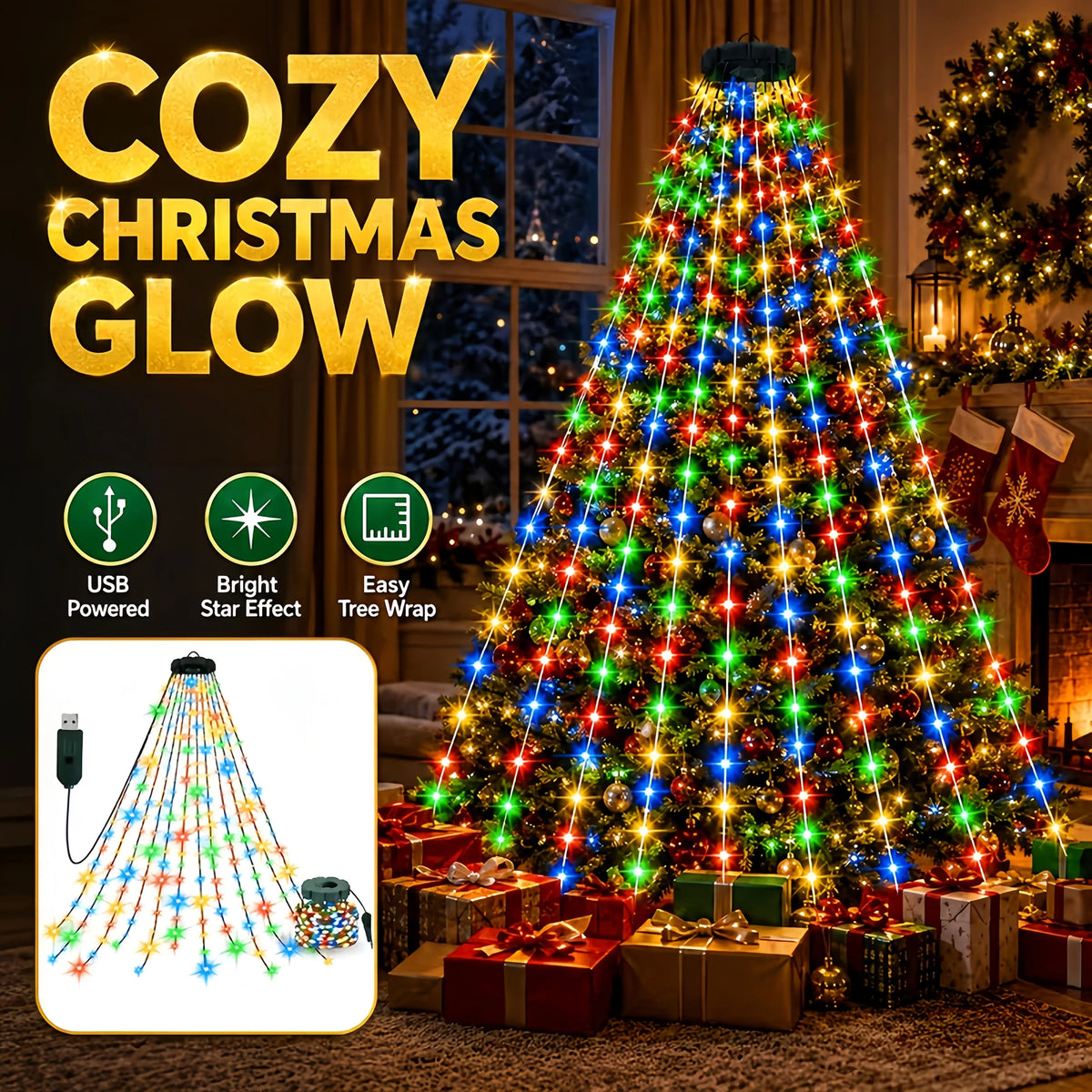 Christmas Tree Waterfall LED String Lights, Warm White Outdoor Waterproof Fairy Lights, 8 Modes Hanging Lights for Yard Garden