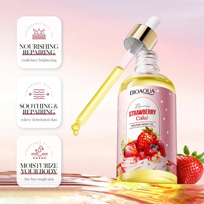 Fruity Strawberry Cake Body Oil 100ml Soothing Smoothing Body Massage Oil Moisturizing Improve Rough Dry Skin Daily Body Care