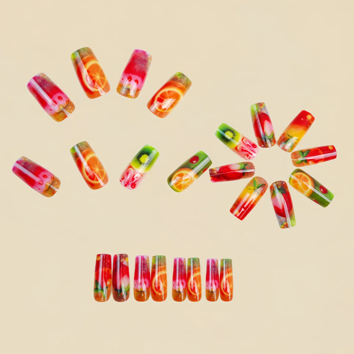 Medium long fake nails for women girls gradient red wine glass colorful fruit full cover ballet nail tips press on false nail