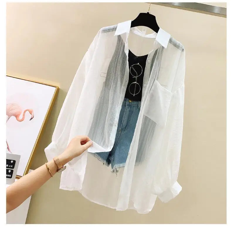 Summer Sunscreen Shirt Elegant Perspective Thin Chiffon Blouse Korean Harajuku See Through Loose Top Casual Women's Cardigan