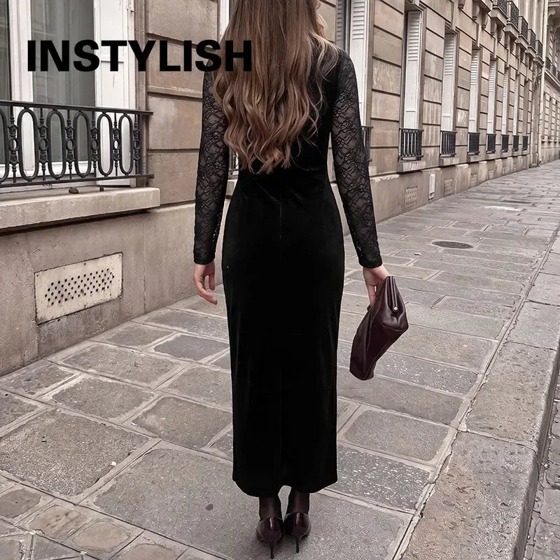 Women Velvet Maxi Dress Long Sleeve V Neck Lace Patchwork Bodycon Long Dress Elegant Evening Party Nightclub Slim Fit Dress