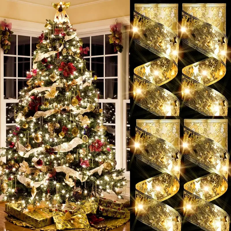 1pc Christmas Gilding Double Ribbon Christmas Ribbon LED String Lights Christmas Decorations Party Decorations Christmas Pendant