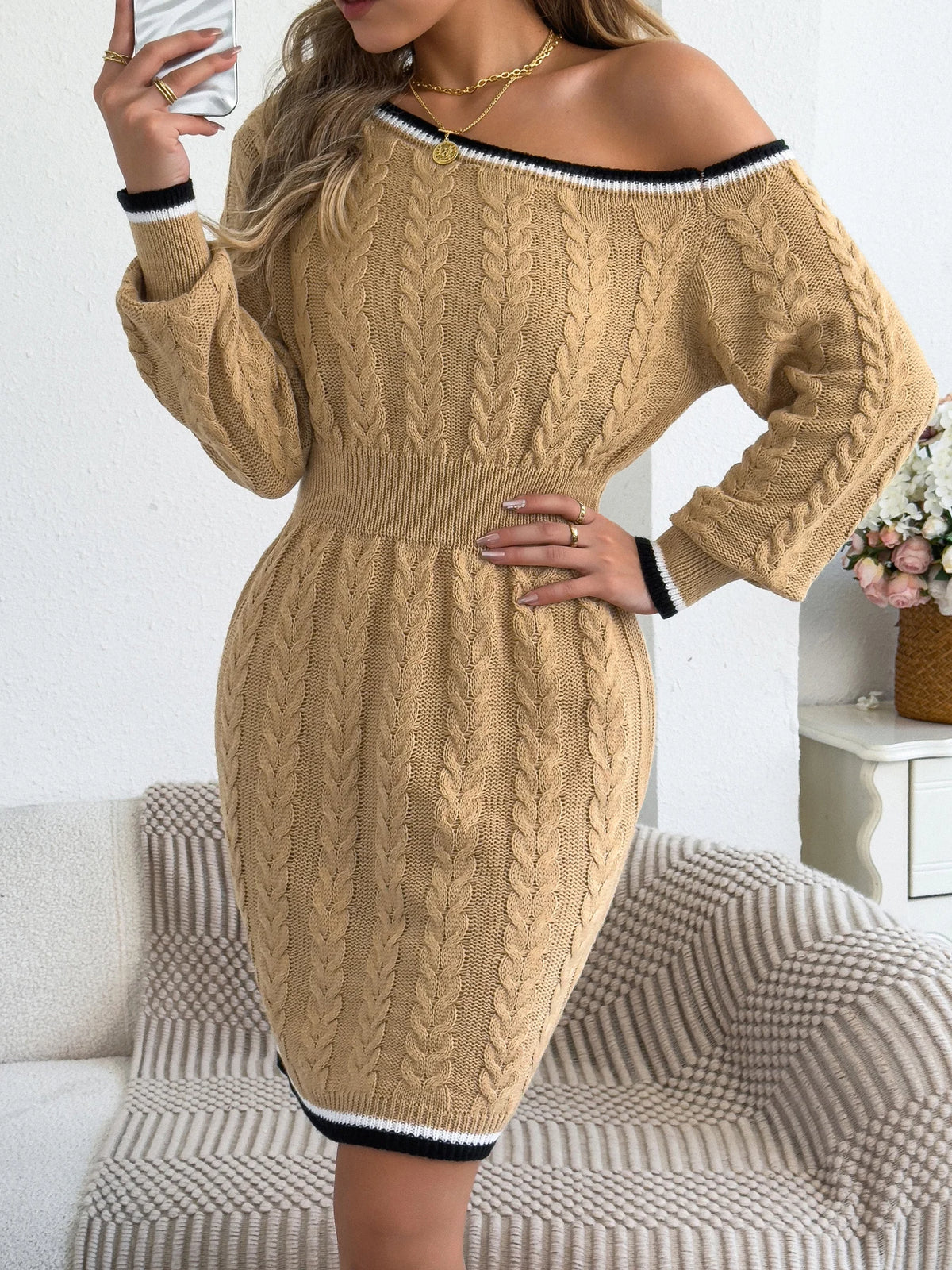 Elegant Women Sweater Dresses for Autumn Winter Casual Off Shoulder Long Sleeve Stripe Waist Cinching Twist Knit Bodycon Dress