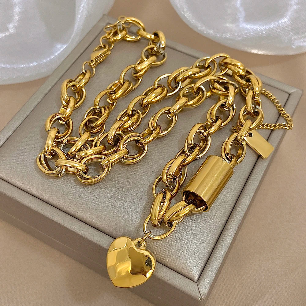 Women's Set Jewelry Stainless Steel Golden Thick Chain Heart Love Pendant Stainless Steel Necklace Bracelets Set Fashion Jewelry
