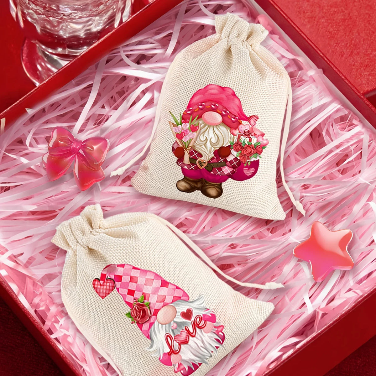 12Pcs Retro Red Truck Christmas Drawstring Pockets, Various Christmas Element Carriers, Painted and Printed Fabric Small Bags