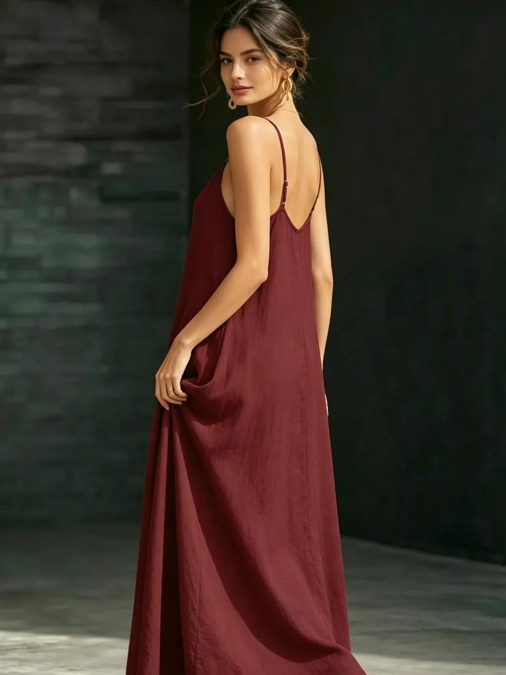 Women Linen Spaghetti Strap Maxi Dress V Neck Loose Swing Long Dress With Pockets Casual Summer Beach Vacation Sundress Ladies