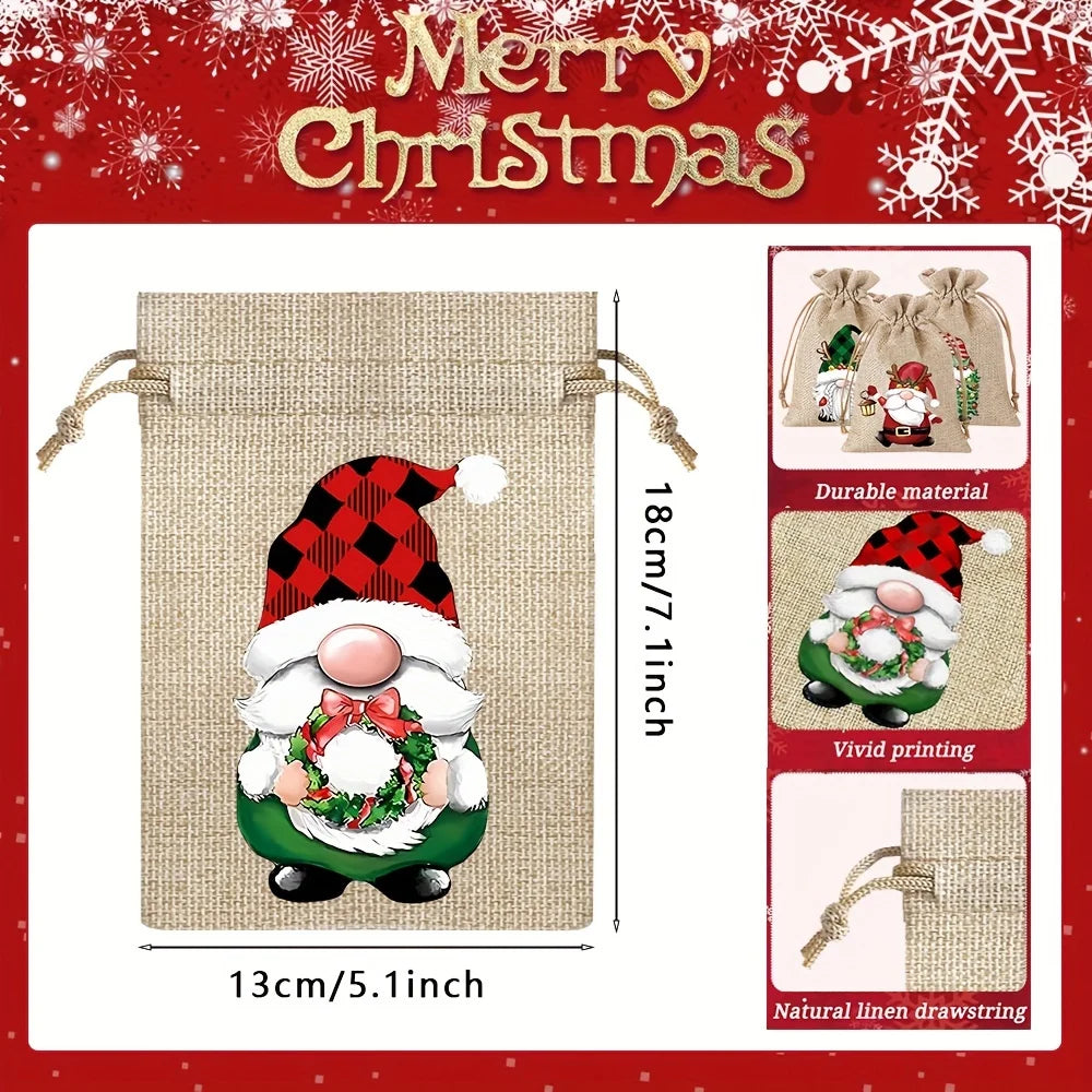 12Pcs Retro Red Truck Christmas Drawstring Pockets, Various Christmas Element Carriers, Painted and Printed Fabric Small Bags