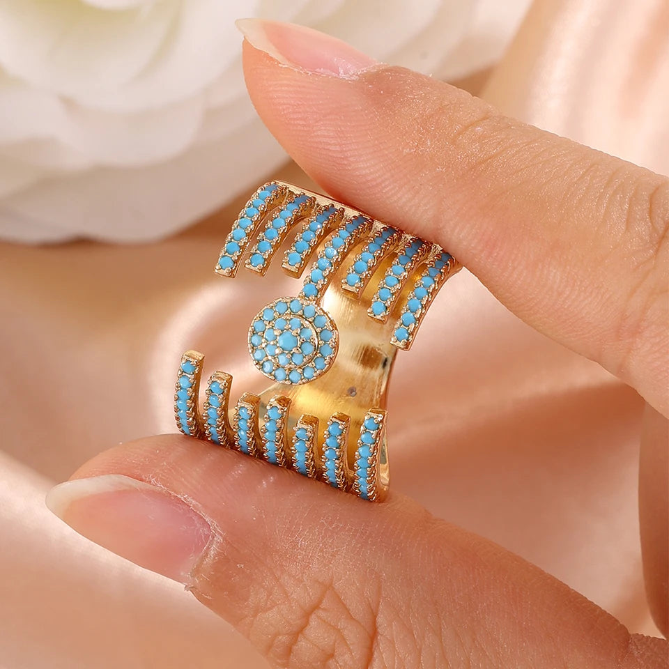 ZAKOL 1pcs Niche Design Blue Turquoise Zirconia Open Rings for Women Creative Luxury Wide Finger Ring Jewelry Gift