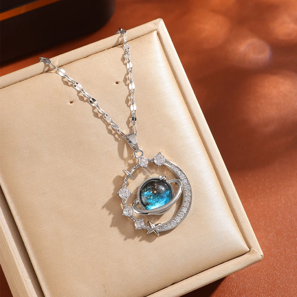 ZAKOL Delicate Micro-Inlaid Zircon Blue Planet Pendant Necklace for Women Titanium Steel Chain Collares Para Mujer