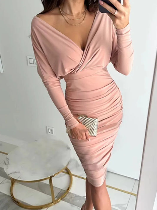BKLD 2026 New Autumn Winter Clothes Long Sleeve V-Neck Sexy High Waist Bag Hip Dress For Women Solid Color Party Dress Clubwear
