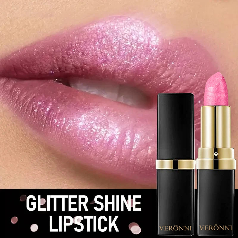Pearly Glitter Velvet Lipstick,Metallic,Waterproof,Long-lasting,Shimmer,Diamond Lipstick,Glitter Lip Gloss, Lip Cosmetic Makeup