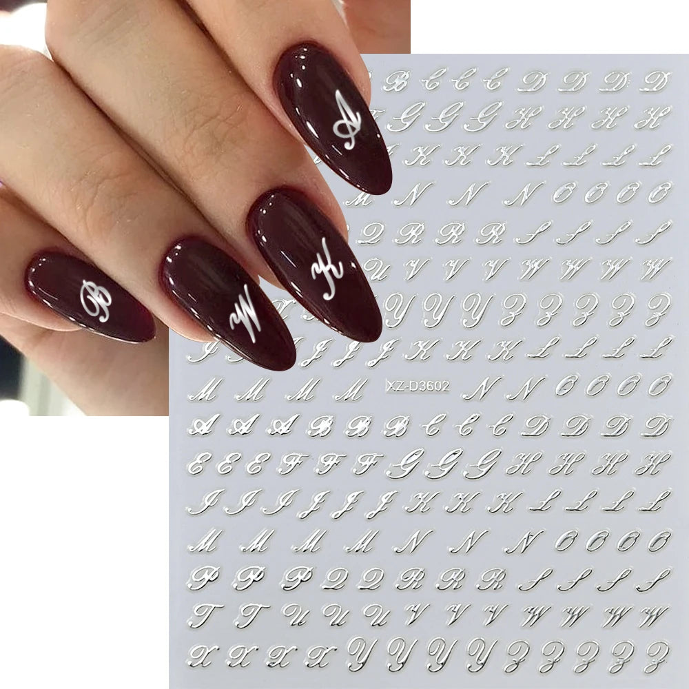 1pc Gold Silver English Letter Nail Sticker Black Laser 3D Alphabet Self Adhesive Decal English Words DIY Slider Manicure Decor