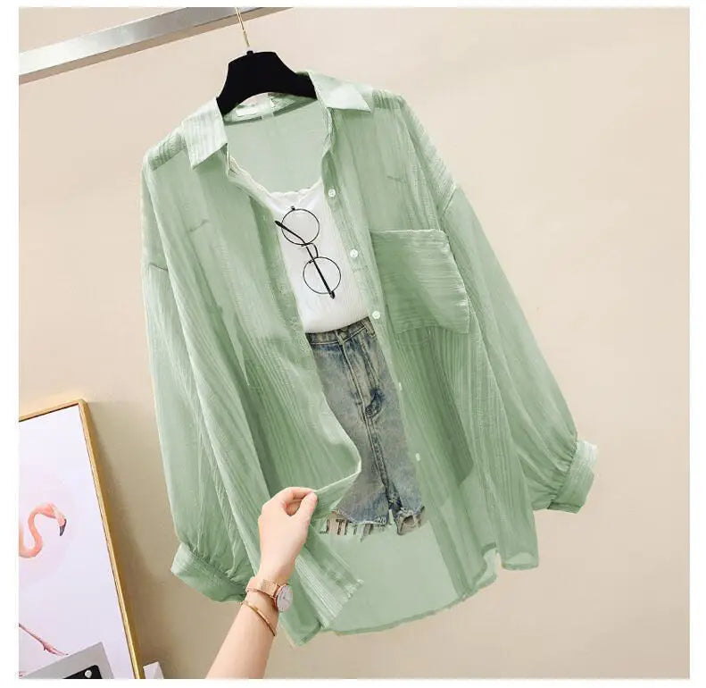 Summer Sunscreen Shirt Elegant Perspective Thin Chiffon Blouse Korean Harajuku See Through Loose Top Casual Women's Cardigan