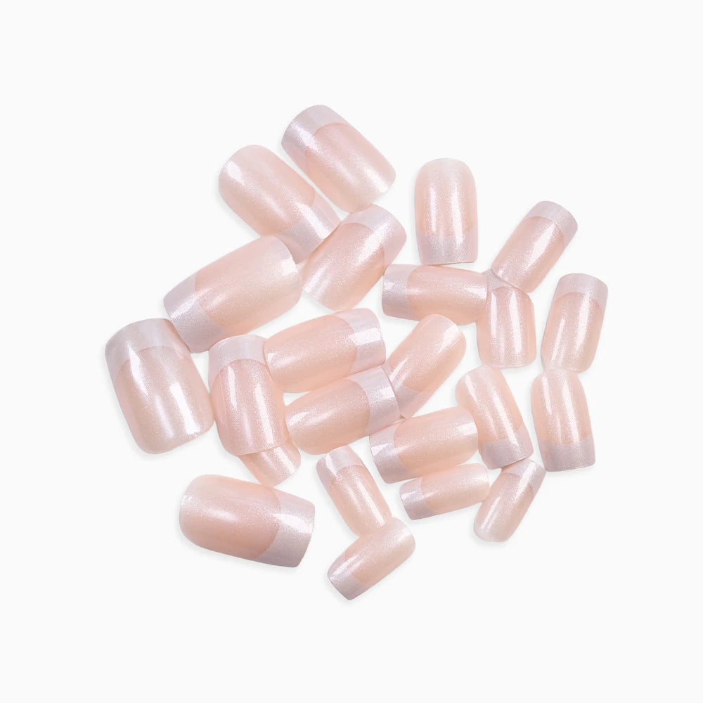 120Pcs French Pearlescent Short Square False Nails Acrylic Full Cover Artificial Press On Nails Glossy Fake Nails Extension