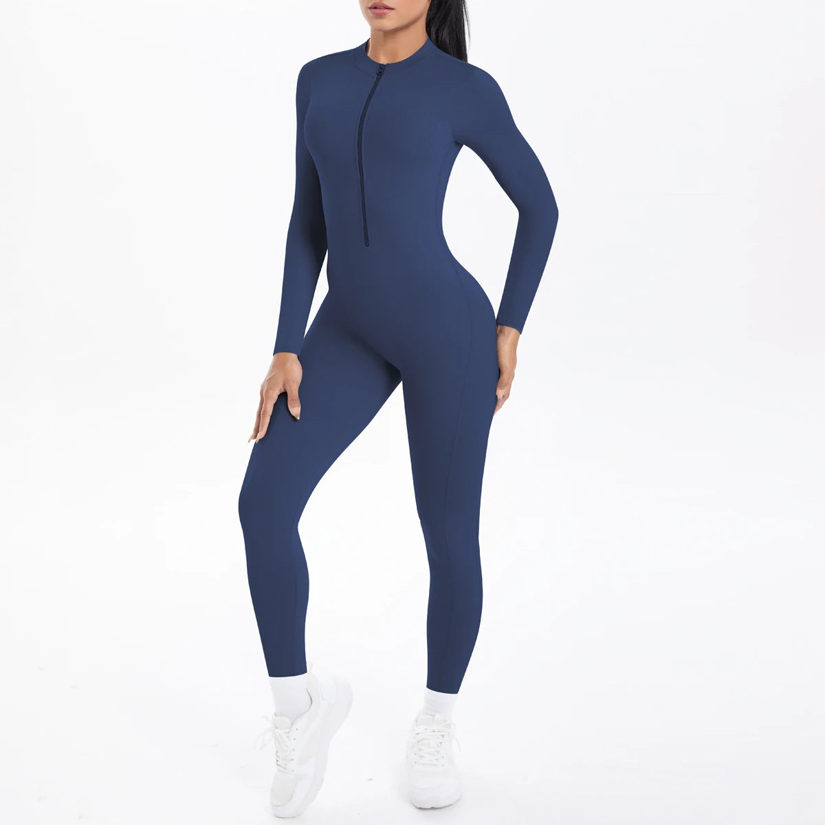 Solid Color Backless Yoga Bodysuits Women's Sportswear Stretch Bodysuit For Women Long Sleeves Jumpsuits Push Up Half Zipper Set