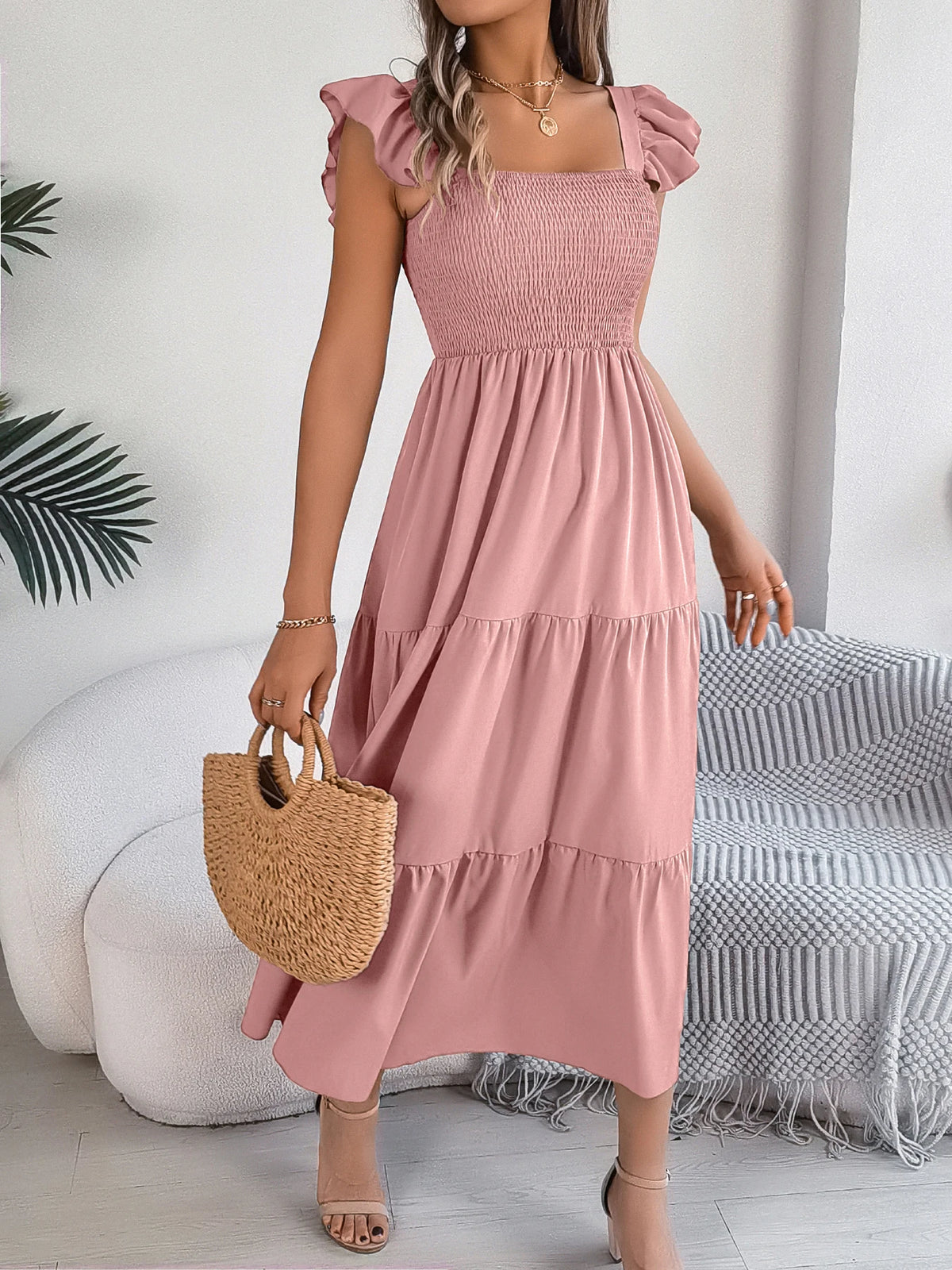 Spring Summer Solid Color Edible Tree Fungus Edge Square Neck Sleeveless Holiday Dress Elegant Long Dresses for Women Rose Blue