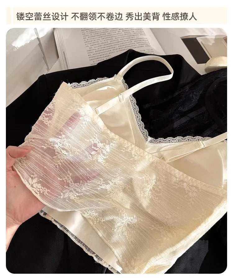 MOYISU French Lace Halter Bralette - Backless Wireless | Convertible & Removable Pads | White Comfort Bra for Daily/Evening Wear