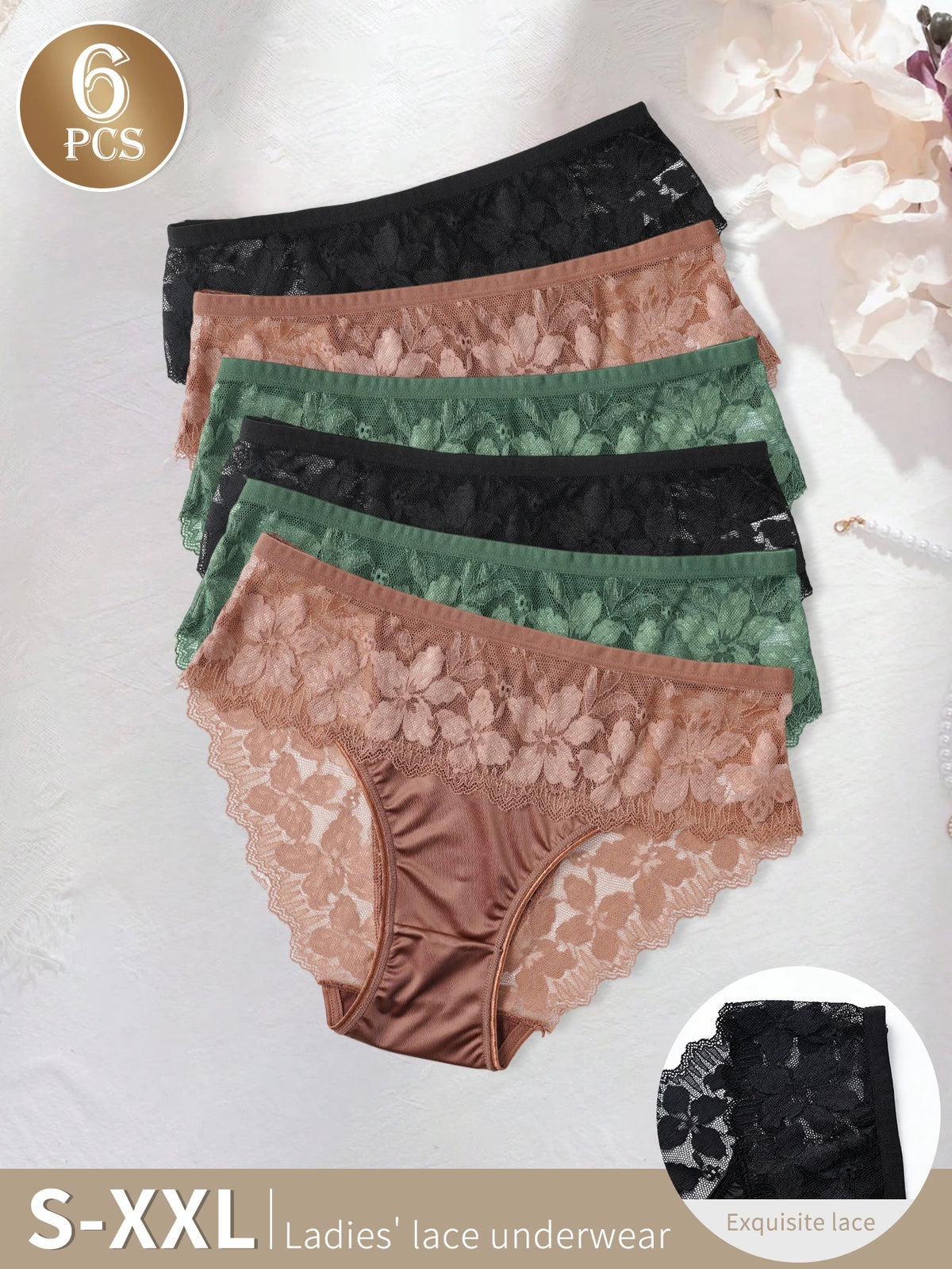 6 Pack Elegant Women's Lace Panties Solid Color Satin Mid-Rise Briefs Sexy Lace Floral Trim Breathable Ladies Underwear S-XXL ﻿