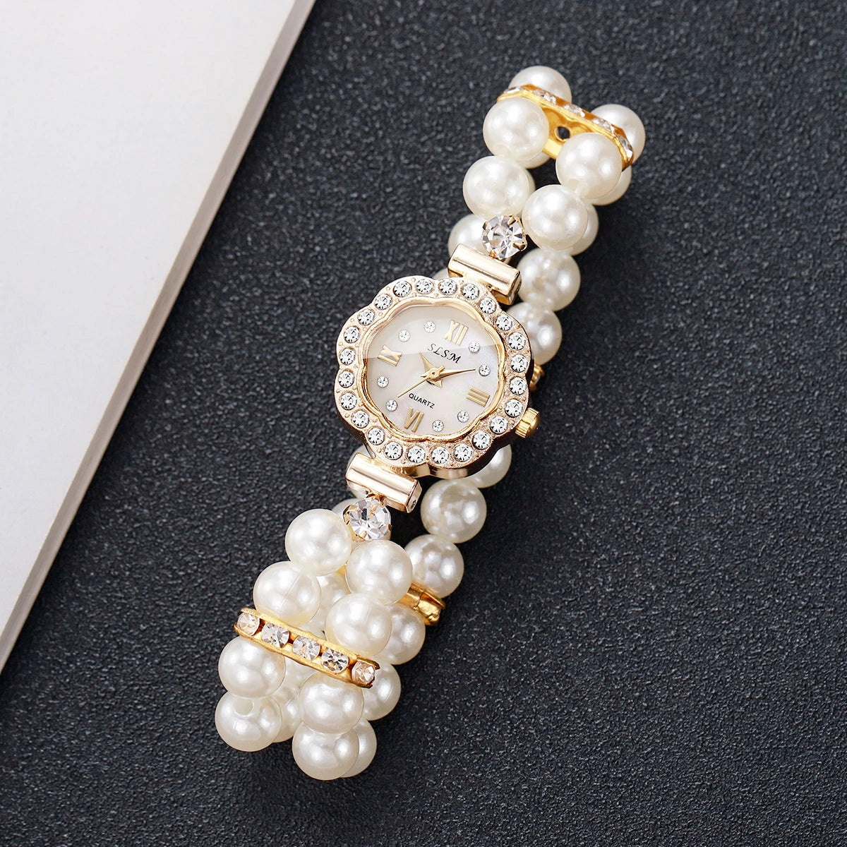 Elegant Pearls Bracelet Strap Women Watches Luxury Rhinestone Flower Dial Quartz Wristwatches Relogio Feminino (Without Box)