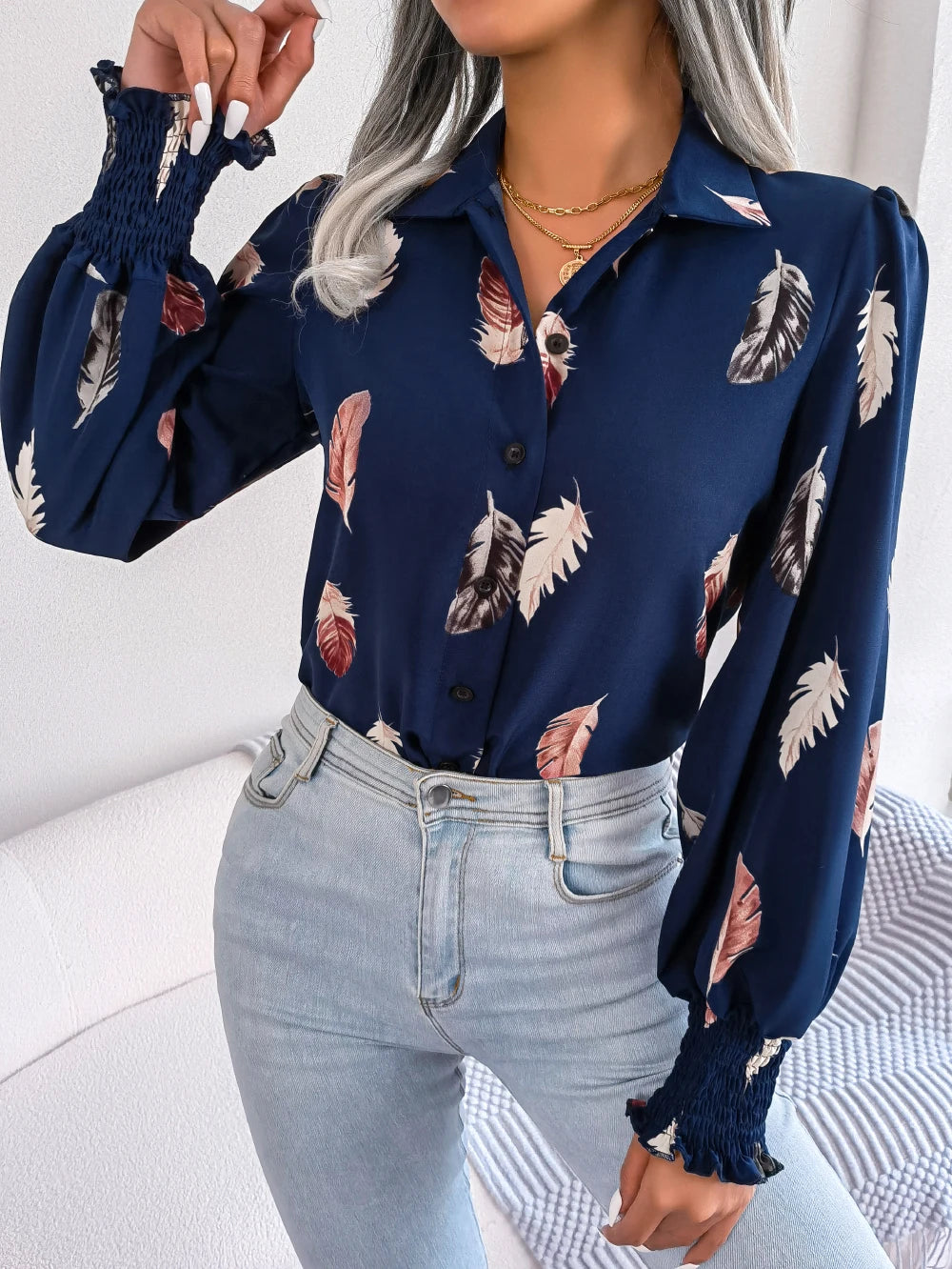 Women's Casual Feather Print Long Sleeve Office Lady Shirts for Autumn Turn Down Collar Buttons Woman Clothing White Pink Blue