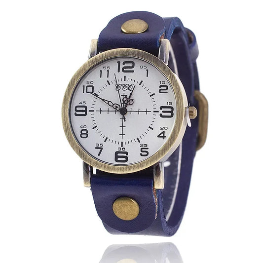 Classic vintage-style unisex watch featuring a genuine leather strap