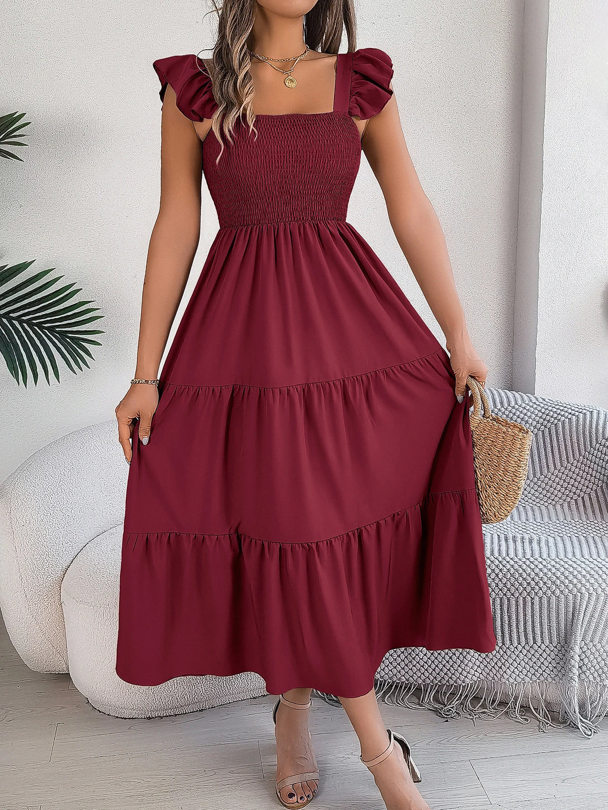 Spring Summer Solid Color Edible Tree Fungus Edge Square Neck Sleeveless Holiday Dress Elegant Long Dresses for Women Rose Blue
