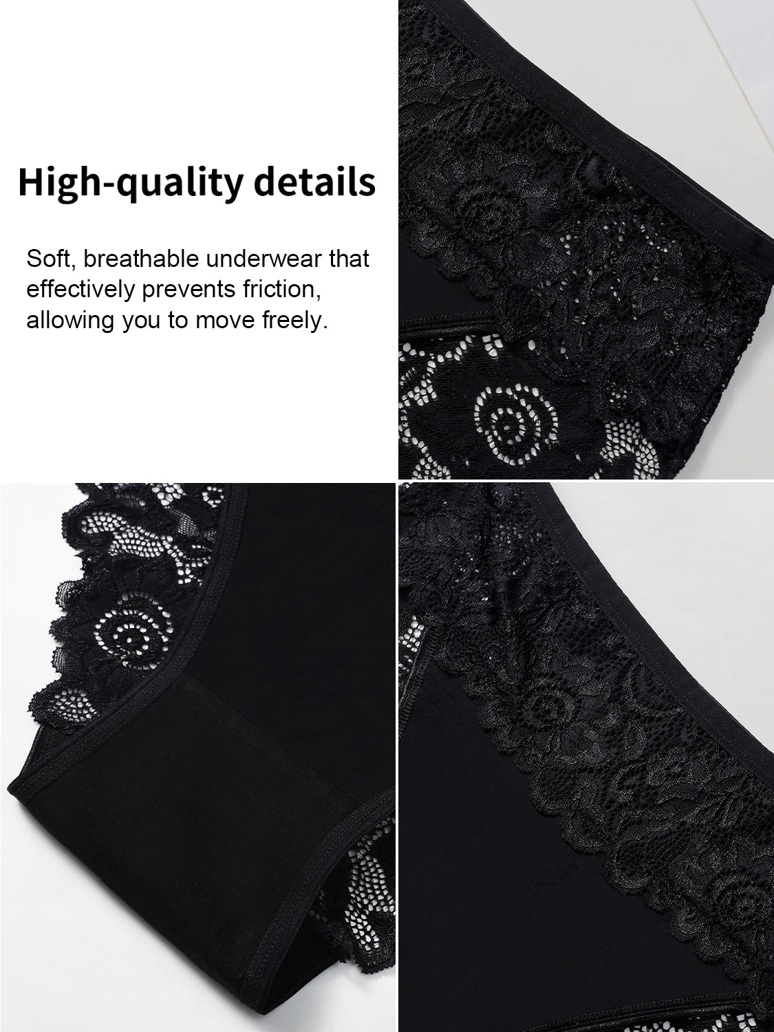5PCS Women's Cotton Underwear Semi-Sheer Elegant Lace Floral Panties Solid Color Mid-Rise Comfortable Briefs Sexy Lingerie