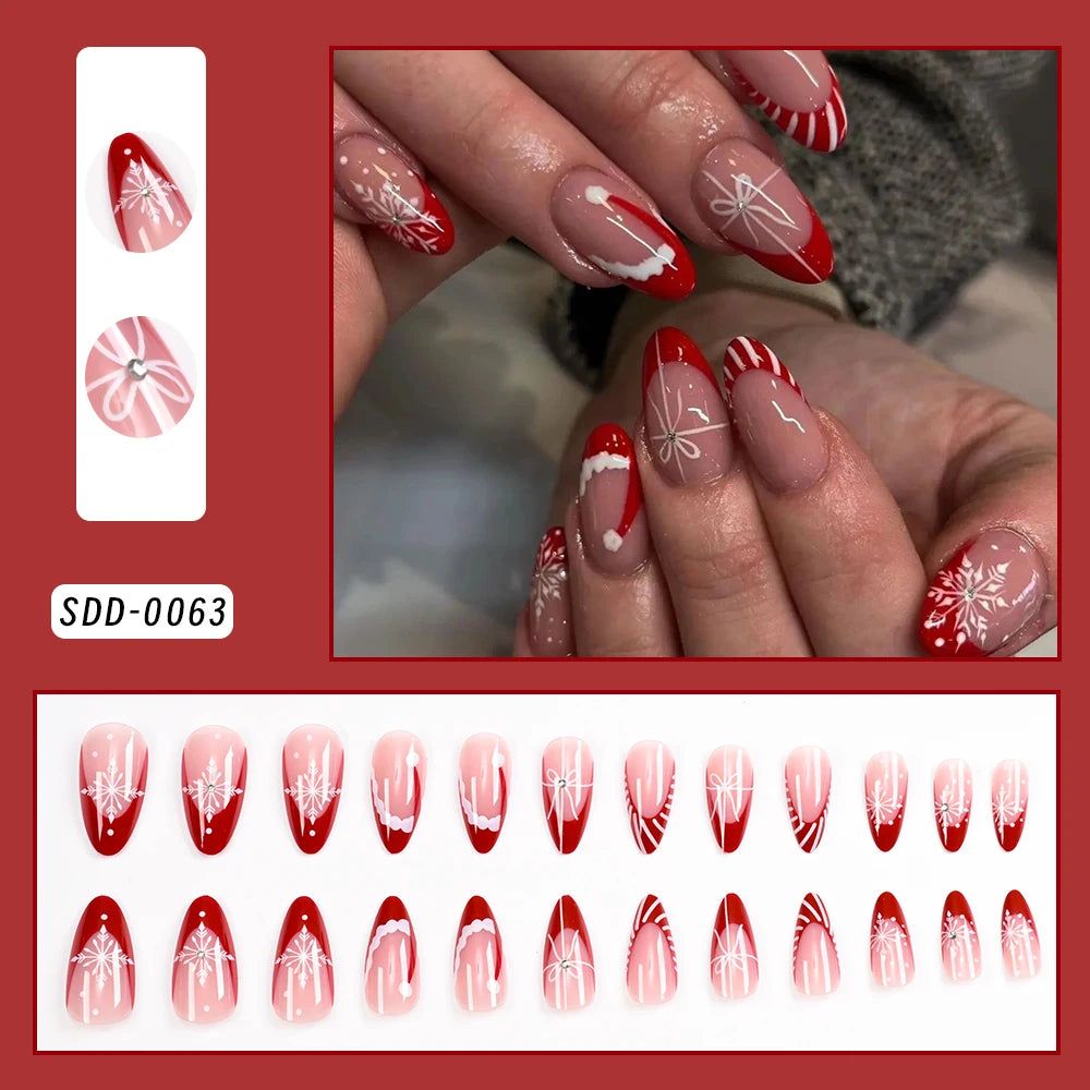 24Pcs Christmas Red French Almond Fake Nails Snowflake Xmas Hat Design Full Cover False Nail Acrylic Wearable Press On Nails