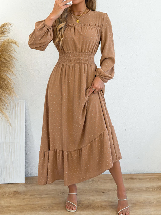 Elegant Round Neck Lantern Long Sleeve Ruffled Dress for Women Spring Autumn Casual Plain Elastic Waist Maxi Dresses Khaki Black