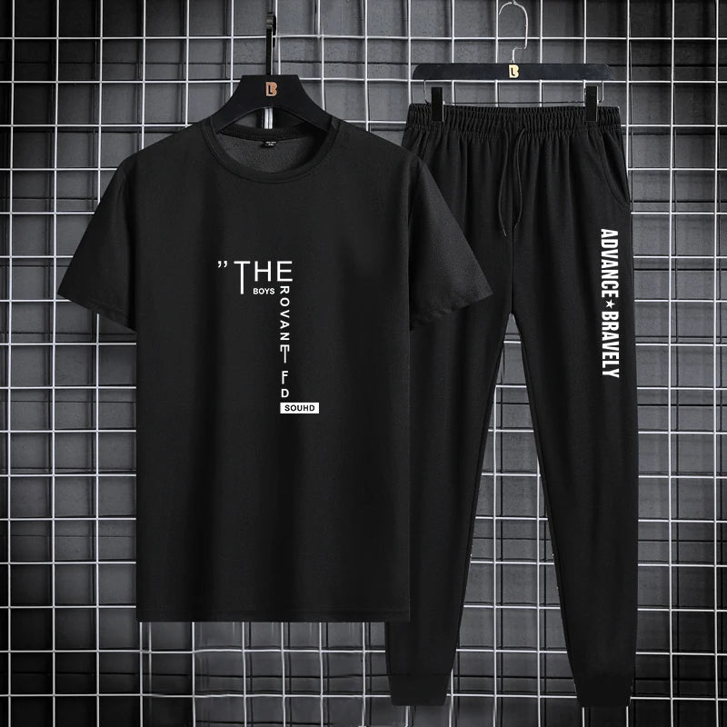 Trendy printed men's sports suit, summer casual T-shirt, leggings, two piece set, thin and breathable, solid color 2024 new prod
