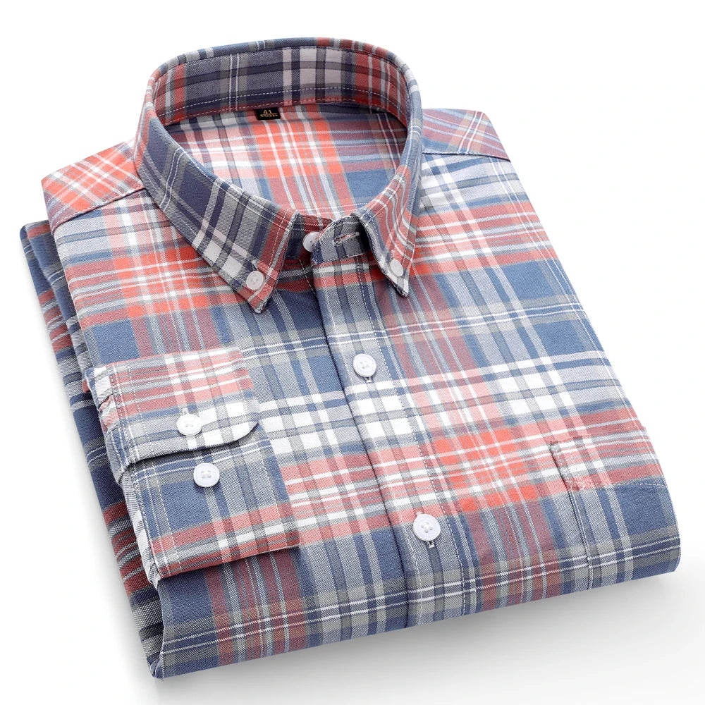 Men's 100% Cotton Contrast Plaid Long Sleeve Oxford Button-Down Shirt with Pocket, Breathable Comfort Regular Fit Casual Wear
