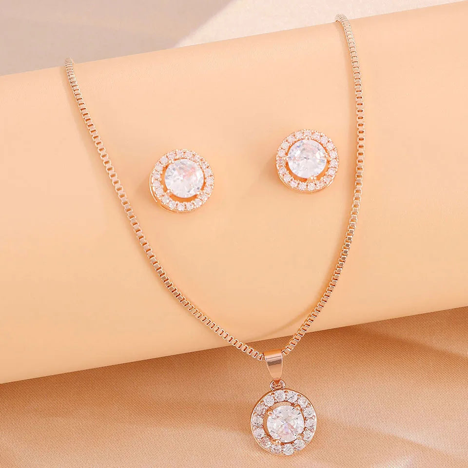 ZAKOL Creative Blue Turquoise Cubic Zirconia Round CZ Stud Earrings Necklace Set for Women Shiny Exquisite Jewelry Gifts