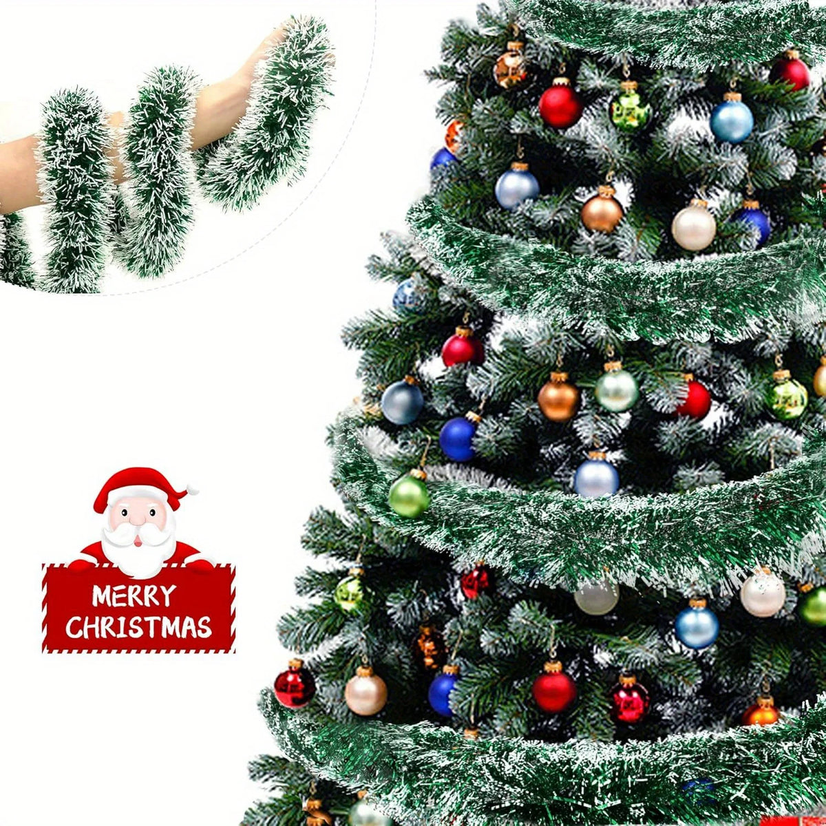 6m Classic Christmas Tinsel Garlands Green & Silvery Glitter, No Power Needed, Perfect for Xmas Tree Decorations