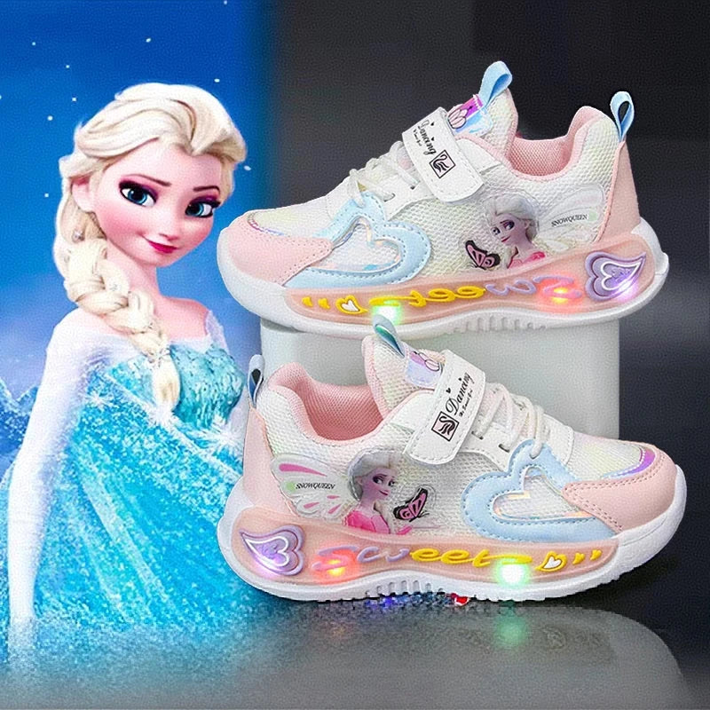 Disney Children Led Shoes Frozen Princess Elsa Girls Sneakers Fashion Cute Mesh Breathable Kids Casual Shoes Lighted Anti-slip