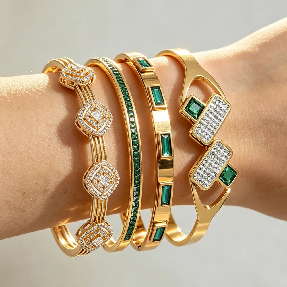 ZAKOL 4/1pcs Geometric Green Square Zircon Inlaid Stainless Steel Copper Stacking Bracelet Luxury Wedding Party Jewelry Gift