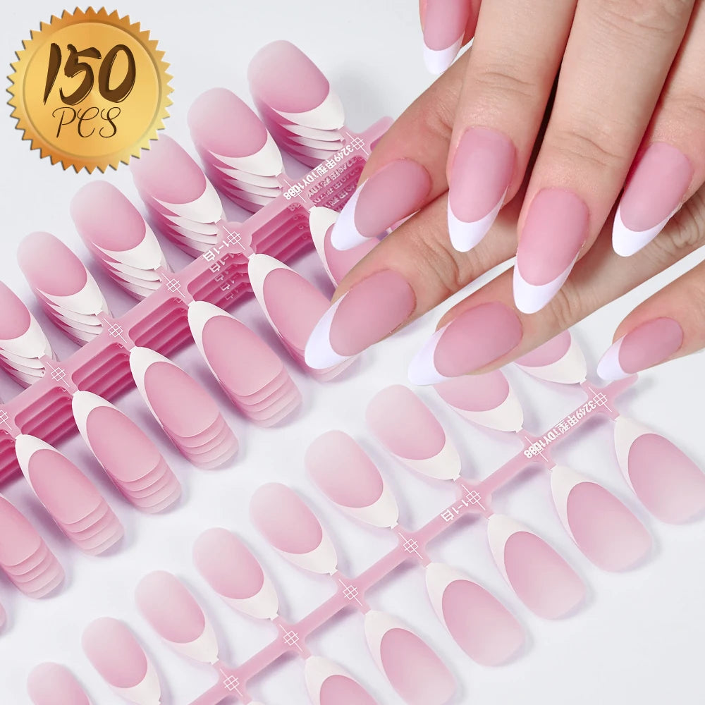 360/150Pcs Full Cover Press On Nails Short Stiletto Almond French False Nails White Edge Wearable Fake Nail Tips Extensions