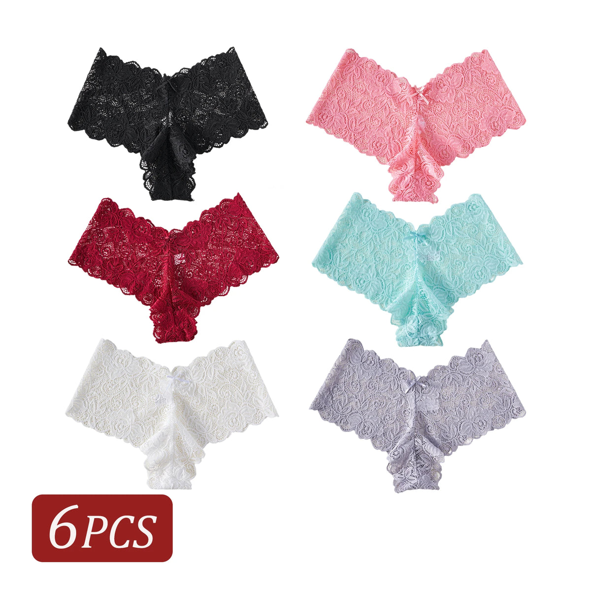 6PCS Women's Sexy Lace Underwear Solid Color V-Shape Low Waist Briefs Elegant Lace Floral Panties Fashion Breathable Lingerie