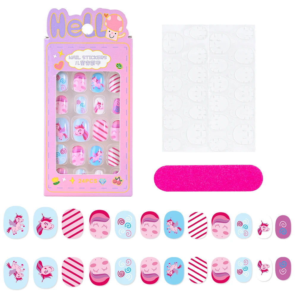 24Pcs/Box Cartoon Heart Bow Rainbow Design Kid Fake Nails Tips Cute False Nail Girls Press on Nails Full Cover Short Fingernails