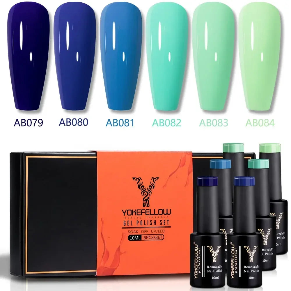 YOKEFELLOW 6Set Blue Gel Nail Polish Sky Blue Glitter Gel Nail Vernis Semi Permanent Soak Off UV Manicure Gift for Girls Women